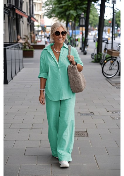 Su Yeşili Keten Günlük Ikili Takım Alt Üst