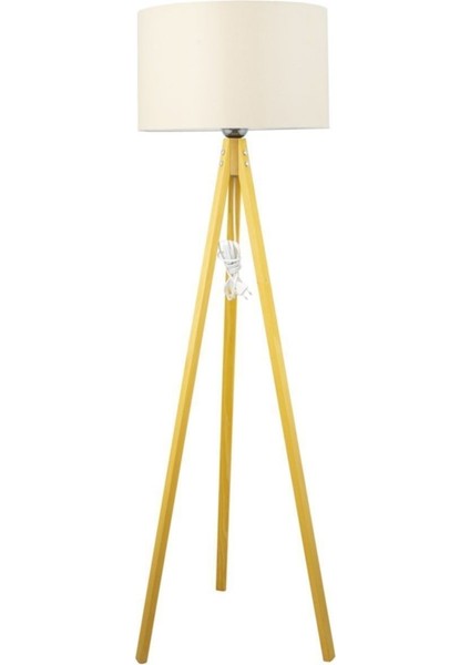 Rustik Ahşap 3 Ayak Natural Açık Kahverengi Tripod Lambader Krem Slindir Şapka