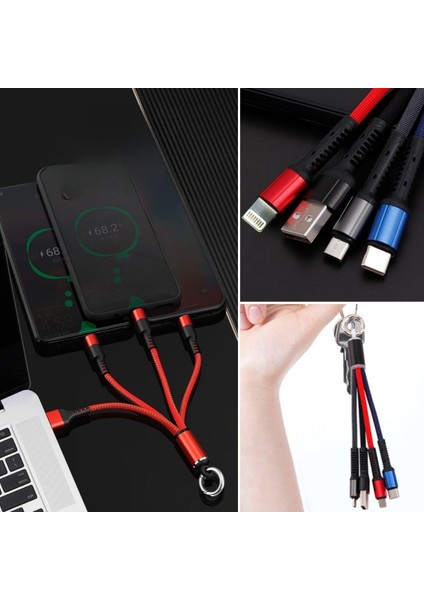 Işıklı Anahtarlık Model 3 In 1 USB Çıkışlı Mikro,type-C ve Iphone Uyumlu Şarj Kablosu (4401)