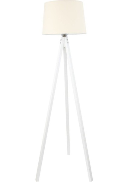 Rustik Ahşap 3 Ayak Beyaz Tripod Lambader Krem Konik Şapka