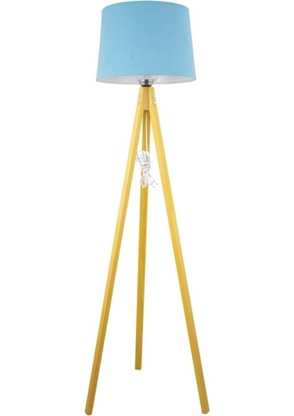 Rustik Ahşap 3 Ayak Natural Açık Kahverengi Tripod Lambader Turkuaz Konik Şapka