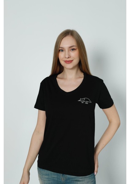 Baskı Detaylı Siyah T-Shirt