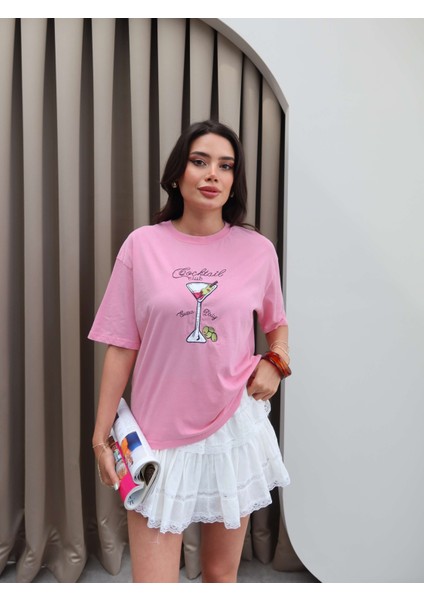Cocktail Baskılı Oversize Tshirt