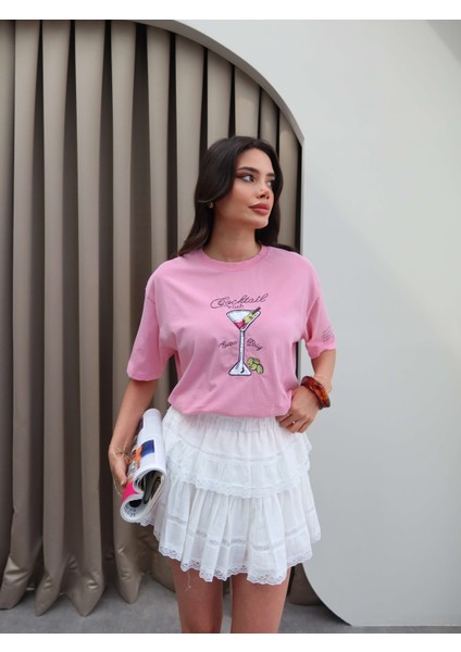 Cocktail Baskılı Oversize Tshirt modelleri