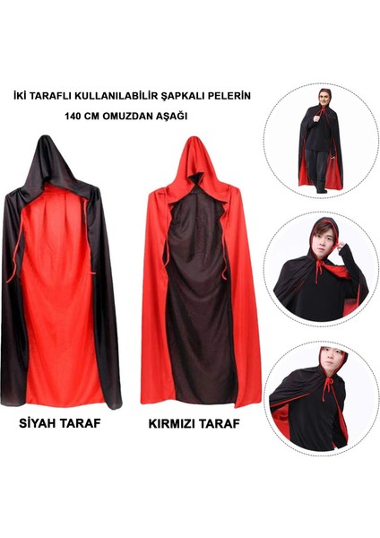 Çift Taraflı Kullanılabilir Siyah Kırmızı Kapişonlu Pelerin 140 cm Yetişkin (4401)