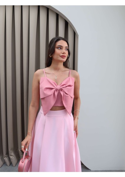 Pembe Kloş Kalın Pilili Midi Etek