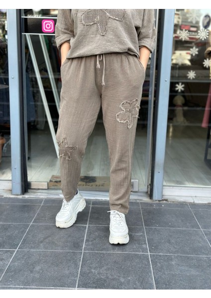 Kadın Papatya Yıldız Nakışlı Keten Pantolon Italyan Tasarım %100 Pamuk