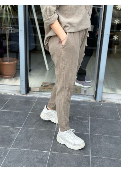 Kadın Papatya Yıldız Nakışlı Keten Pantolon Italyan Tasarım %100 Pamuk modelleri