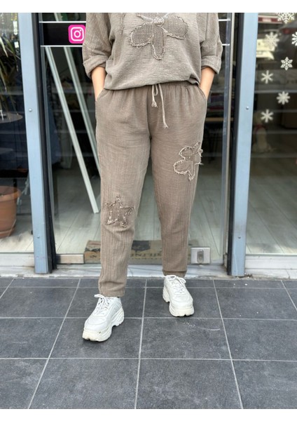 Kadın Papatya Yıldız Nakışlı Keten Pantolon Italyan Tasarım %100 Pamuk indirimleri