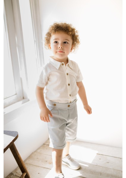 Erkek Bebek ve Çocuk Yazlık Alt Üst Takım %100 Pamuk Keten Gömlek ve Kanvas Şort Takımı 1-4 Yaş