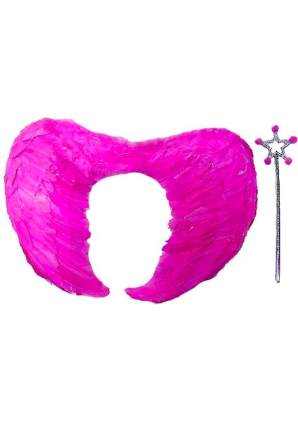 Gerçek Tüylü Katlanabilir Çocuk Pembe Melek Kanadı ve Asa Seti 40X55 cm (4401)