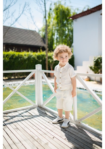 Erkek Bebek ve Çocuk Yazlık Alt Üst Takım %100 Pamuk Keten Gömlek ve Kanvas Şort Takımı 1-4 Yaş