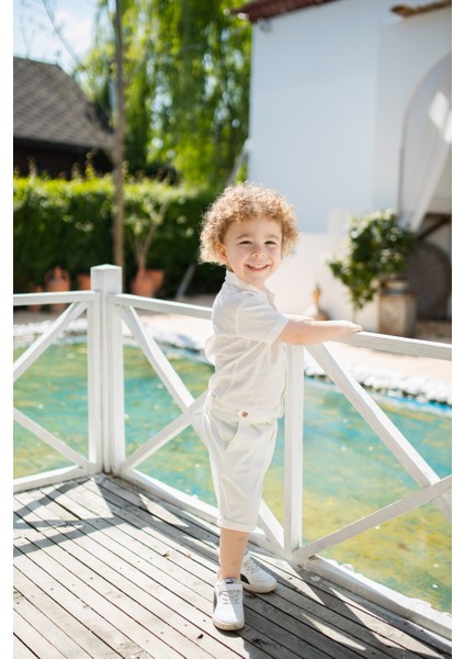 Erkek Bebek ve Çocuk Yazlık Alt Üst Takım %100 Pamuk Keten Gömlek ve Kanvas Şort Takımı 1-4 Yaş fiyatları