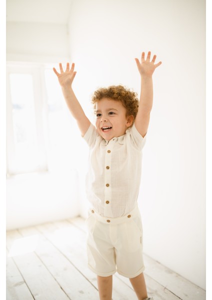 Erkek Bebek ve Çocuk Yazlık Alt Üst Takım %100 Pamuk Keten Gömlek ve Kanvas Şort Takımı 1-4 Yaş indirimleri