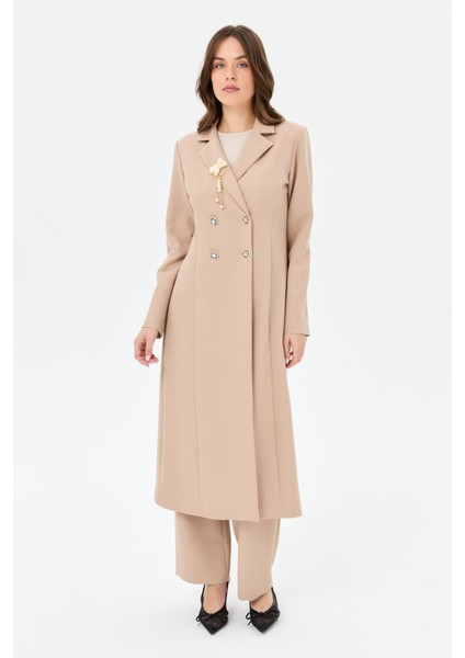 Broşlu Kruvaze Uzun Ceketli Takım Vizon fiyatları