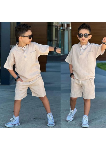 Krem Hakim Yaka Gömlek Cepli Alt Şort Müslin Kumsş Erkek Çocuk Alt Üst Takım fiyatları