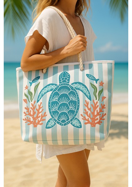 Caretta Caretta Desenli Büyük Boy Piknik ve Plaj Çantası – Halat Saplı – 55X36X15 cm