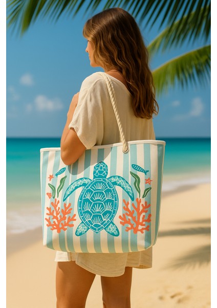 Caretta Caretta Desenli Büyük Boy Piknik ve Plaj Çantası – Halat Saplı – 55X36X15 cm