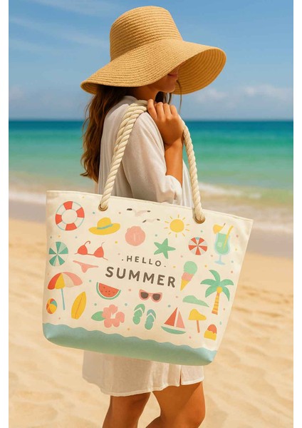 Hello Summer Desenli Büyük Boy Piknik ve Plaj Çantası – Halat Saplı – 55X36X15 cm