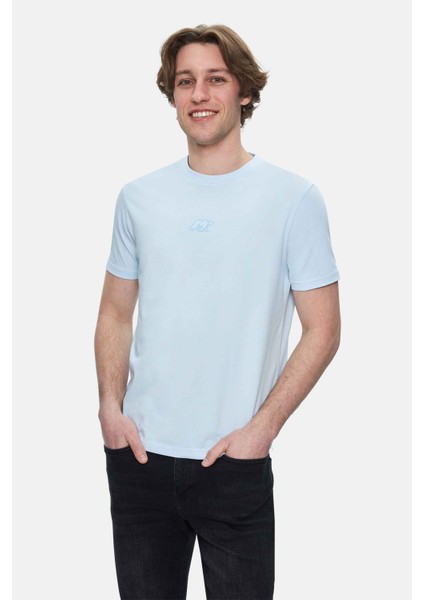 Fabıo Gök Mavi Bisiklet Yaka Baskılı Standard Fit Erkek Tshirt