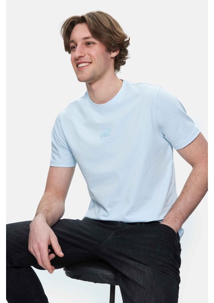 Fabıo Gök Mavi Bisiklet Yaka Baskılı Standard Fit Erkek Tshirt fiyatları