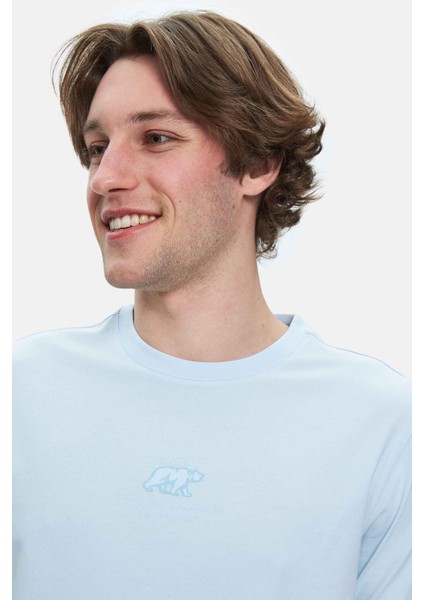 Fabıo Gök Mavi Bisiklet Yaka Baskılı Standard Fit Erkek Tshirt modelleri