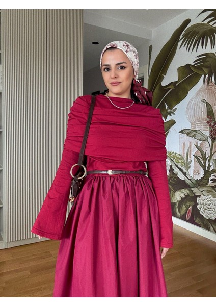 Kayık Yaka Pamuklu Roza Elbise Bordo