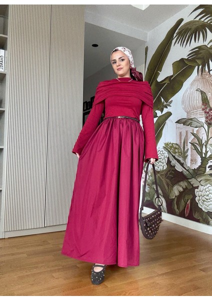 Kayık Yaka Pamuklu Roza Elbise Bordo