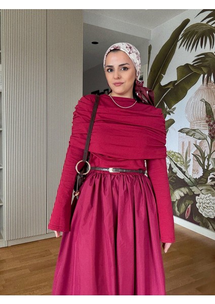 Kayık Yaka Pamuklu Roza Elbise Bordo