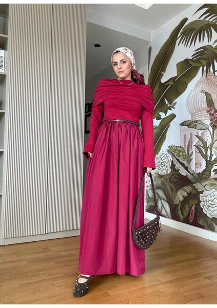 Kayık Yaka Pamuklu Roza Elbise Bordo