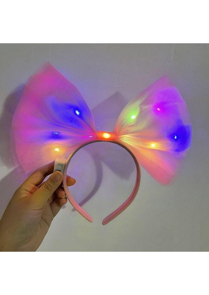 Rengarenk LED Işıklı Fiyonk Şekilli Tül Parti Tacı Pembe Renk 25 x 25 cm (4401)