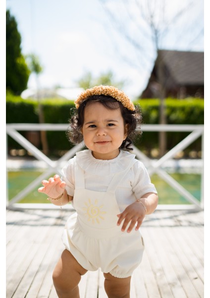 Kız Bebek 2’li Yazlık Tulum Takımı Kanvas Tulum ve Keten Gömlek Güneş Desenli 0-12 Ay Rahat Takım