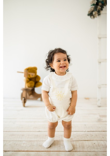 Kız Bebek 2’li Yazlık Tulum Takımı Kanvas Tulum ve Keten Gömlek Güneş Desenli 0-12 Ay Rahat Takım indirimleri