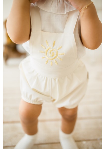 Kız Bebek 2’li Yazlık Tulum Takımı Kanvas Tulum ve Keten Gömlek Güneş Desenli 0-12 Ay Rahat Takım
