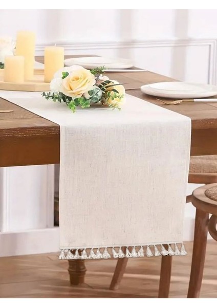 Doğal Keten Püsküllü Runner 40 x 150