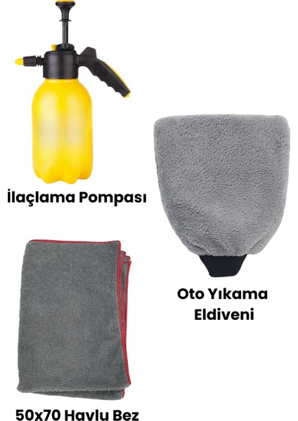 Araç Yıkama Eldiveni, Basınçlı Yıkama Pompası ve Araba Silme Bezi Seti | Oto Temizlik Seti