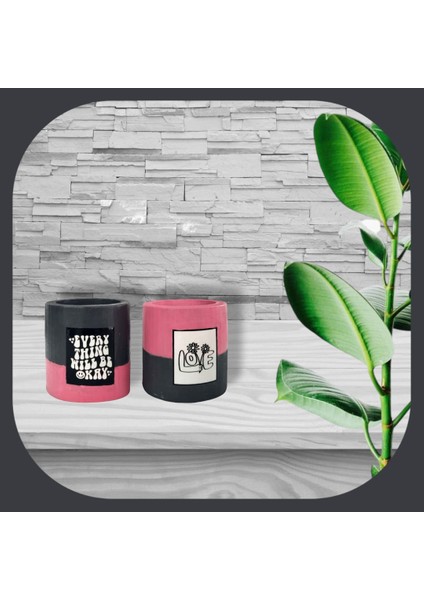 Mumluk ve Sukulentlik Set 2 Lı Beton Gri ve Pembe Baskılı Dekoratif Hediyelik