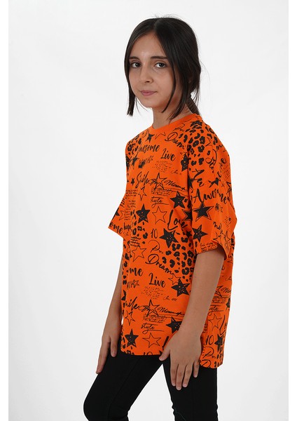 Kız Çocuk Turuncu Süprem Kumaş Bisiklet Yaka Baskılı Tshirt fiyatları