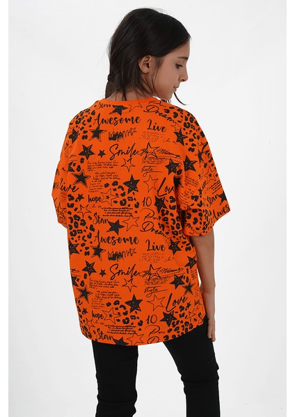 Kız Çocuk Turuncu Süprem Kumaş Bisiklet Yaka Baskılı Tshirt fırsatları