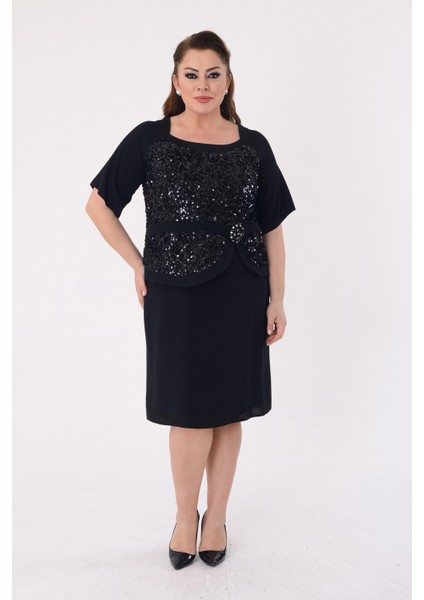 Büyük Beden Siyah Renkli Payetli Krep Abiye Elbise