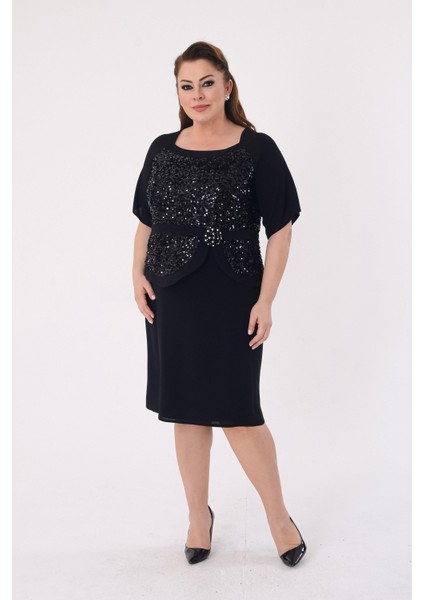Büyük Beden Siyah Renkli Payetli Krep Abiye Elbise fiyatları