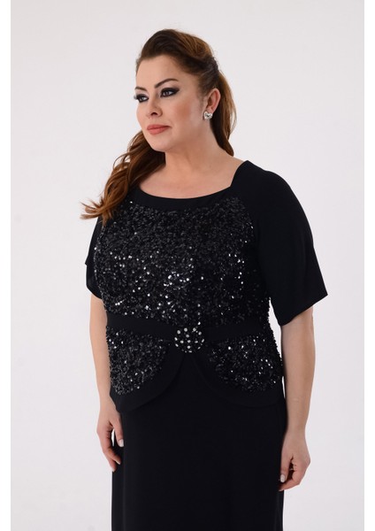 Büyük Beden Siyah Renkli Payetli Krep Abiye Elbise fırsatları