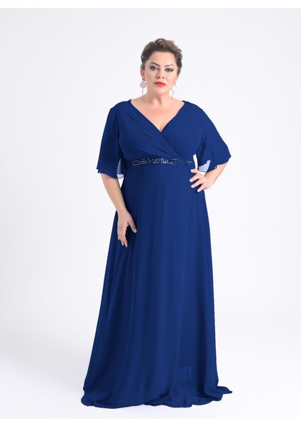 Büyük Beden Lacivert Renkli Uzun Şifon Abiye Elbise