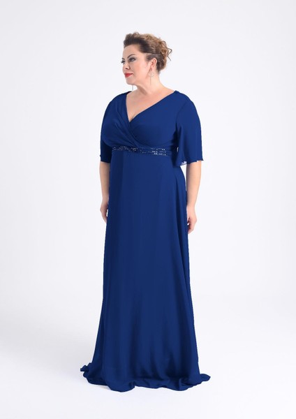 Büyük Beden Lacivert Renkli Uzun Şifon Abiye Elbise fiyatları