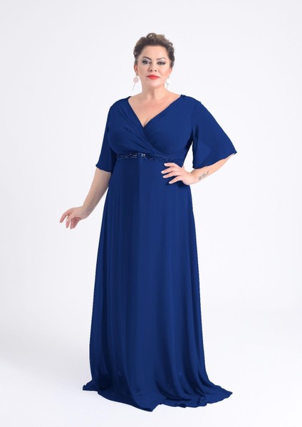 Büyük Beden Lacivert Renkli Uzun Şifon Abiye Elbise modelleri