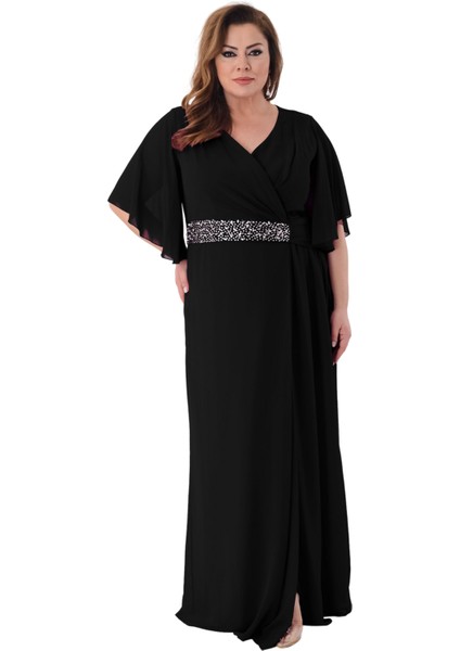 Büyük Beden Siyah Renkli Uzun Şifon Abiye Elbise