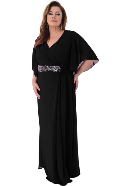 Büyük Beden Siyah Renkli Uzun Şifon Abiye Elbise fiyatları