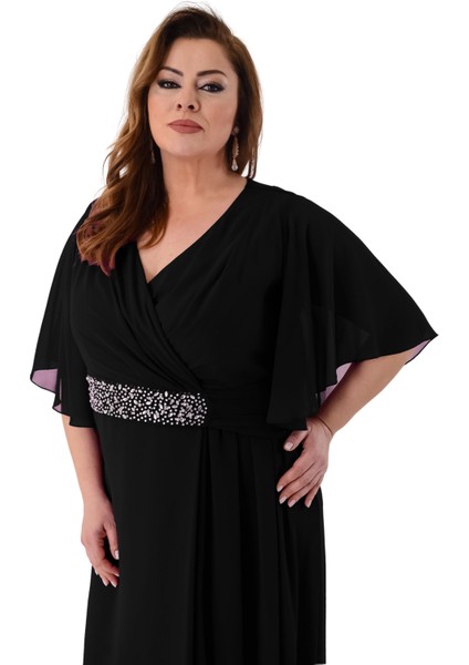 Büyük Beden Siyah Renkli Uzun Şifon Abiye Elbise modelleri