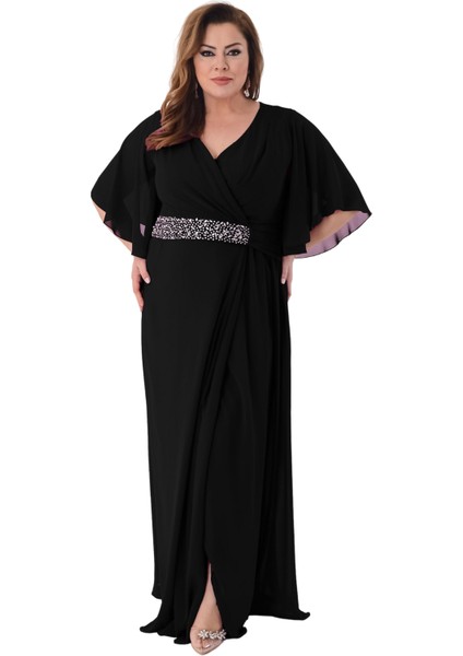Büyük Beden Siyah Renkli Uzun Şifon Abiye Elbise fırsatları