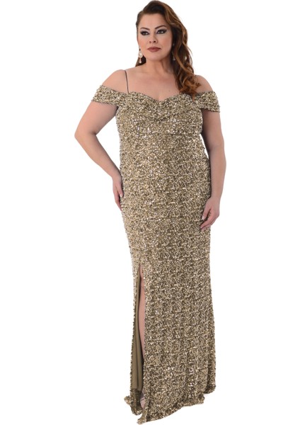 Büyük Beden Gold Renkli Payetli Likralı Uzun Abiye